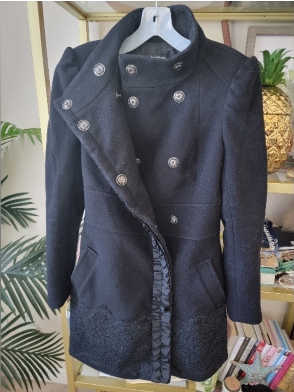 BEBE Black Wool Blend Military Coat w/ Lace Hem & Ruffle Trim - Picture 3 of 7